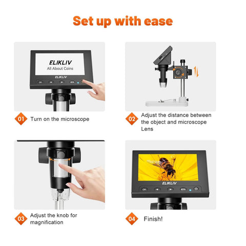 Microscope, LCD Digital Coin Microscope 1000x setup guide showing adjustment steps and magnification with 4.3-Inch display and LEDs
