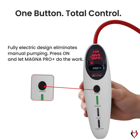 Person holding Magna Pro LCD Smart Handheld Vacuum Pump Controller with display showing settings, smooth white silicone design.