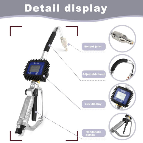 Oil Control Valve Meter Nozzle One Half Inch Inlet Digital Dispenser With LCD Metering Gun, detail showing swivel joint, LCD display.