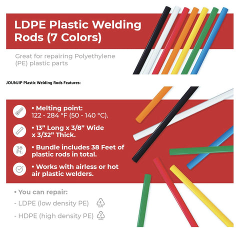 LDPE Plastic Welding Rods 7 Color Set For DIY PE Plastic Repair Low Density Polyethylene Flat Rods for repairs and bonding.