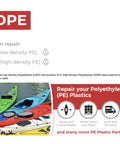 Image of LDPE Plastic Welding Rods 7 Color Set For DIY PE Plastic Repair with kayaks, canoe, and repair icons visible.