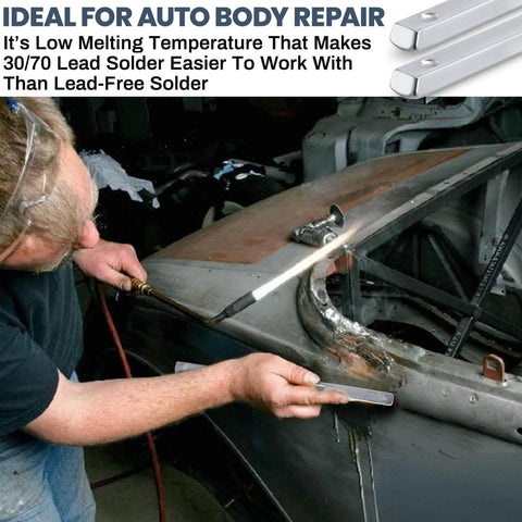Person using Lead Alloy Solder Rods For Car Body Repair 30 70 Tin Lead on auto body panel, demonstrating welding process.
