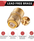 Close-up of lead-free brass push-fit adapter, showing features for potable water and hydronic systems up to 200 PSI and 200°F.