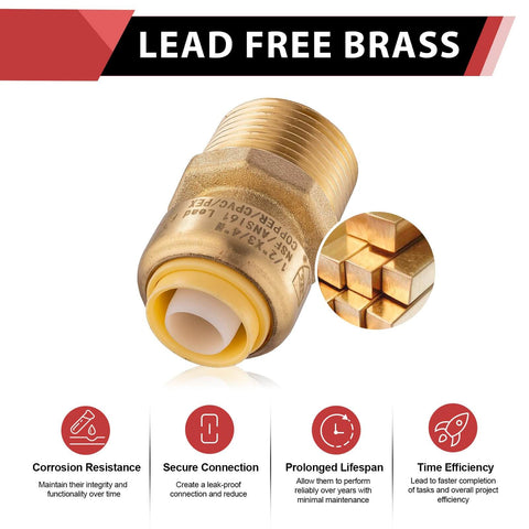 Close-up of lead-free brass push-fit adapter, showing features for potable water and hydronic systems up to 200 PSI and 200°F.