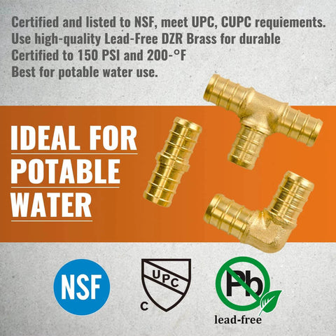 Sungator Pex Fittings 1/2 Inch 36 Piece Set Elbows Tees Couplings For Pex Pipe Lead Free Brass ASTM F1807 NSF ANSI 61