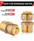 Two Pack Push Fit Half Inch To Three Quarter Inch Male Adapter With Disconnect Tool For Pex Copper CPVC And PERT Pipe Fits Potable Water And Hydronic Heating Up To Two Hundred PSI And Two Hundred Degrees Fahrenheit Includes No Sweat Disconnect Tool