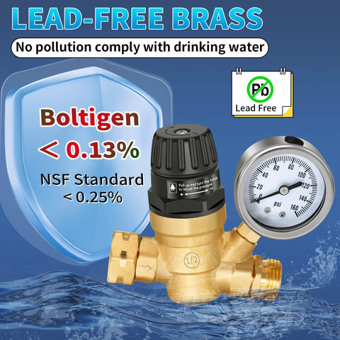 Heavy Duty RV Water Pressure Regulator With Built In Gauge And Adjustable Handwheel For Campers And Travel Trailers Lead Free Brass