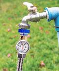 Lead Free Brass Water Pressure Regulator For RVs And Campers MeasureMan connected to outdoor faucet with gauge display