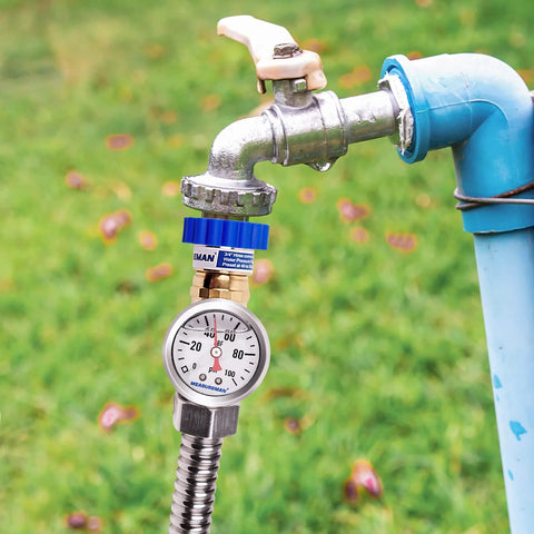 Lead Free Brass Water Pressure Regulator For RVs And Campers MeasureMan connected to outdoor faucet with gauge display