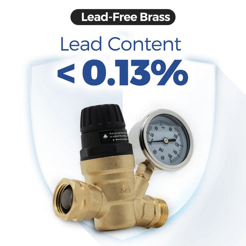 Adjustable RV water pressure regulator with gauge, lead-free brass, 3/4 inch NH thread, protects hoses and fittings, 45-160 PSI.