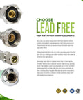 8 Inch Stainless Steel Faucet Connector Braided Brass Nuts One Half Inch IPS To Three Eighths Inch Female Thread Compression Fitting Chrome Plated Lead Free Pack Of 2 product packaging with lead-free label