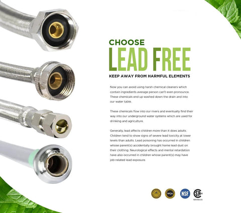 8 Inch Stainless Steel Faucet Connector Braided Brass Nuts One Half Inch IPS To Three Eighths Inch Female Thread Compression Fitting Chrome Plated Lead Free Pack Of 2 product packaging with lead-free label