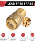 Close-up of lead-free brass push-to-connect male adapter for copper, PEX pipes, 3/4 inch, 200 PSI, 200 Degree F, corrosion resistant.