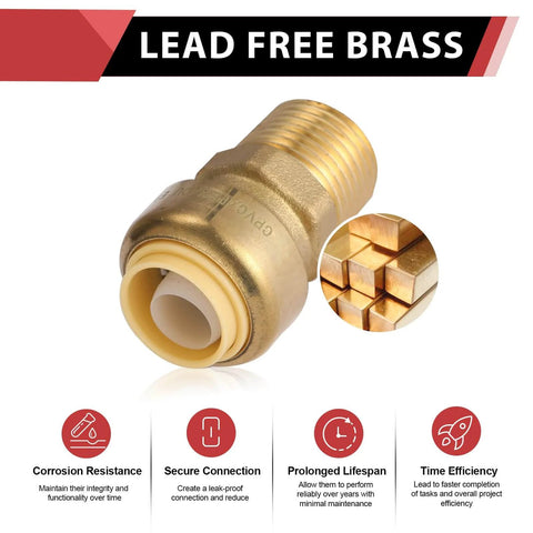 Close-up of lead-free brass push-to-connect male adapter for copper, PEX pipes, 3/4 inch, 200 PSI, 200 Degree F, corrosion resistant.
