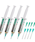 No Clean Soldering Flux Paste for Electronics Rosin Flux Lead Free 10cc syringes with needles and tips on white background