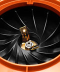Close-up of blower fan inside Powerful 28cc Gas Leaf Blower With 1.1 HP Two Cycle Engine, 470 CFM Air Volume And 170 MPH Air Velocity.