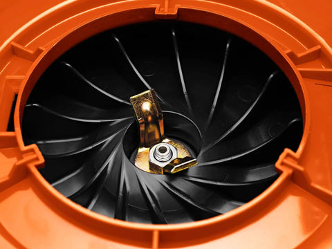 Close-up of blower fan inside Powerful 28cc Gas Leaf Blower With 1.1 HP Two Cycle Engine, 470 CFM Air Volume And 170 MPH Air Velocity.