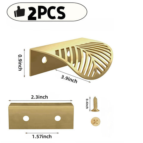 Leaf Shaped Cabinet Handles Set, Solid Brass With Brushed Gold Finish, 2 Pack Vanity Drawer Pulls dimensions and screws visible