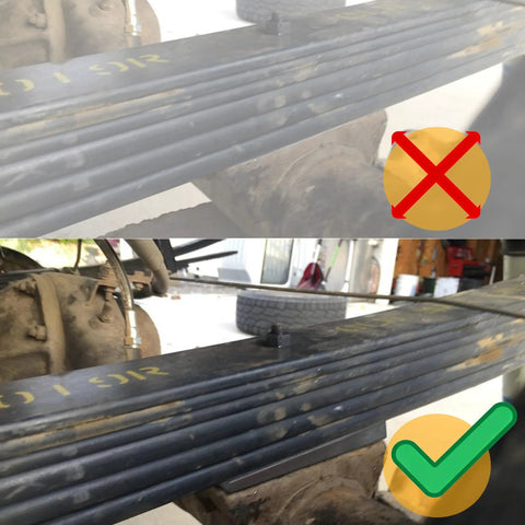 Comparison of 2 Inch Wide 4 Degree Steel Leaf Spring Shims installation on suspension axle, highlighting proper alignment with rust-resistant shim.
