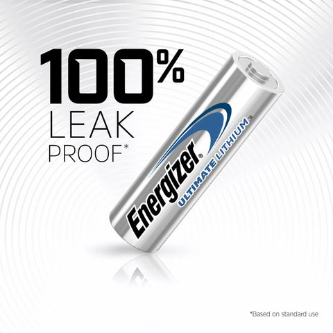 Ultimate Lithium AA Batteries Pack 24 Count For Cameras And Smart Home Devices shown with 100% leak proof feature.