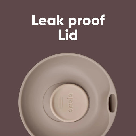 Top view of beige leak-proof SmoothSip slider lid for 12 oz insulated stainless steel tumbler, emphasizing lid's design feature.