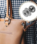 Tan handbag with metallic black stud detail, inset of 16Pcs Ball Head Button Stud Rivets With Screw Back For Leather Crafts.