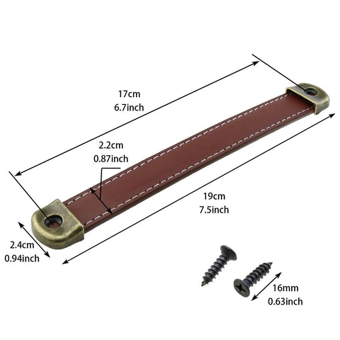Leather Drawer Handles Set Two Pieces 7.5 Inch Brown Luggage And Suitcase Pull Handles with installation screws and measurements