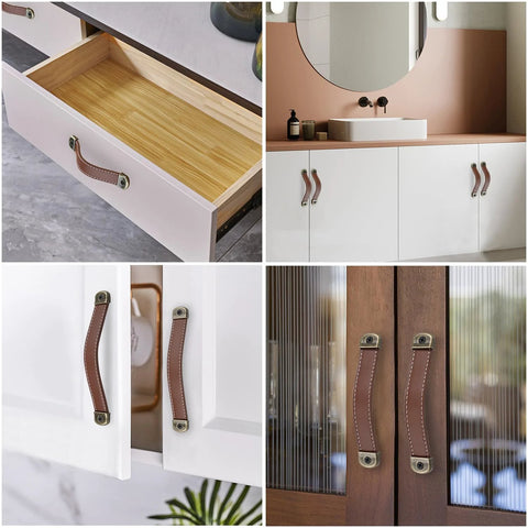 Leather Drawer Handles Set Two Pieces 7.5 Inch Brown Luggage And Suitcase Pull Handles with screws on cabinets and doors