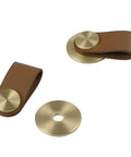 Leather Drawer Pulls Set Of 6 In Brass Brown For Wardrobe Kitchen And Bathroom Cabinets with zinc alloy buttons, close-up view.