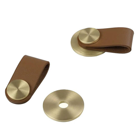 Leather Drawer Pulls Set Of 6 In Brass Brown For Wardrobe Kitchen And Bathroom Cabinets with zinc alloy buttons, close-up view.