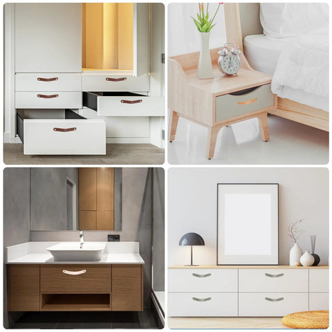 Collage of furniture with Leather Drawer Pulls Set 6 Pack With Double Hole Design And Screws Included Blue And Gold 96mm Hole Spacing