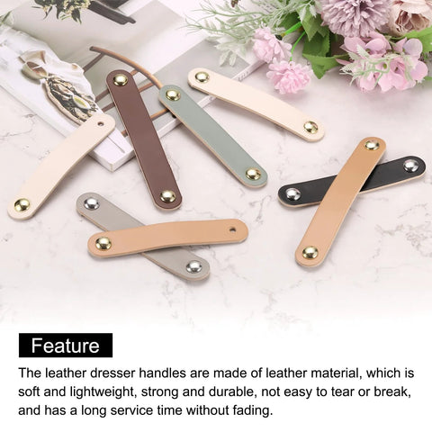 Leather Drawer Pulls Set 6 Pack With Double Hole Design and Screws Included in diverse colors on a decorative background