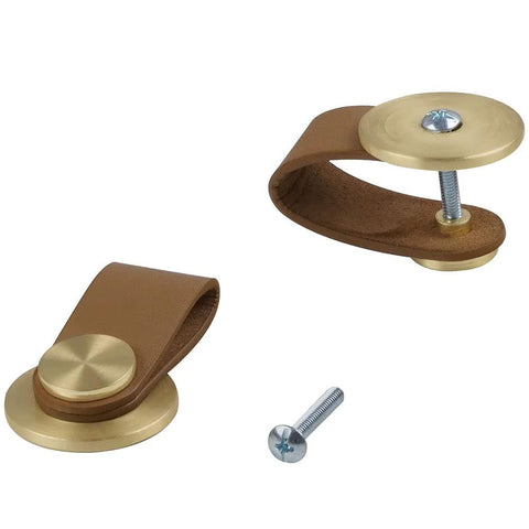 Leather Drawer Pulls Set Of 6 In Brass Brown for cabinet installation, genuine leather straps with zinc alloy buttons, includes screws