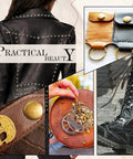 Leather Rivets Kit Dope 240 Sets Metal Rivets Fasteners With 3 Setting Tools For Leather Repair Belts Bags And Crafts Four Colors And Three Sizes Great For DIY Leather Projects And Repairs displayed on leather jacket and accessories.
