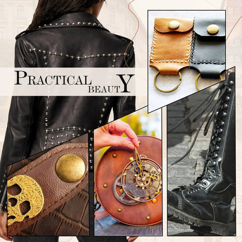 Leather Rivets Kit Dope 240 Sets Metal Rivets Fasteners With 3 Setting Tools For Leather Repair Belts Bags And Crafts Four Colors And Three Sizes Great For DIY Leather Projects And Repairs displayed on leather jacket and accessories.
