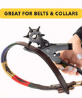 Close-up of Six Size Leather Hole Punch Tool 8.5 Inch used on a colorful belt, highlighting heavy duty revolving punch pliers feature.