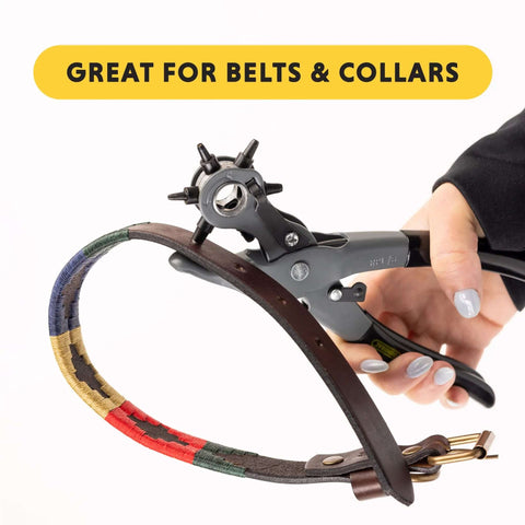 Close-up of Six Size Leather Hole Punch Tool 8.5 Inch used on a colorful belt, highlighting heavy duty revolving punch pliers feature.