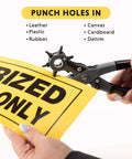 Person using Six Size Leather Hole Punch Tool 8.5 Inch Heavy Duty Revolving Punch Pliers to punch a sign.