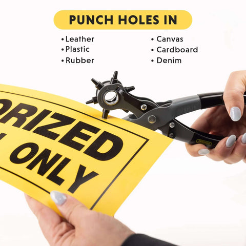 Person using Six Size Leather Hole Punch Tool 8.5 Inch Heavy Duty Revolving Punch Pliers to punch a sign.