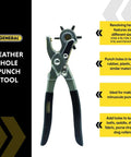 Six Size Leather Hole Punch Tool 8.5 Inch Heavy Duty Revolving Punch Pliers with six tips for leather, canvas, and denim.