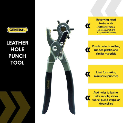 Six Size Leather Hole Punch Tool 8.5 Inch Heavy Duty Revolving Punch Pliers with six tips for leather, canvas, and denim.