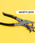 Six Size Leather Hole Punch Tool 8.5 Inch Heavy Duty Revolving Punch Pliers with safety lock on yellow background