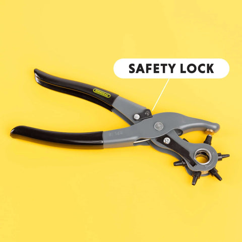 Six Size Leather Hole Punch Tool 8.5 Inch Heavy Duty Revolving Punch Pliers with safety lock on yellow background