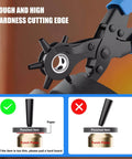 Leather Hole Puncher Kit With Six Hole Sizes 2mm To 4.5mm for Belts Watches Shoes Crafting and Fabric showing usage tips and features.