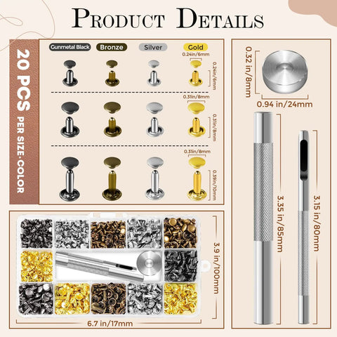 Leather Rivets Kit Dope 240 Sets Metal Rivets Fasteners With 3 Setting Tools For Leather Repair Belts Bags And Crafts Four Colors And Three Sizes