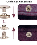 132 Sets Leather Snap Fasteners Kit 12.5 mm Metal Snaps With 4 Fixing Tools shown in installation schematic view on fabric.