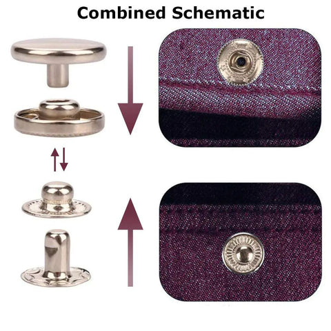 132 Sets Leather Snap Fasteners Kit 12.5 mm Metal Snaps With 4 Fixing Tools shown in installation schematic view on fabric.