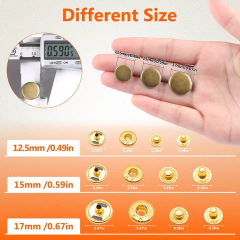 Different sizes of Premium Leather Snap Fasteners Kit With 12.5mm Metal Snaps And 4 Setter Tools 240 Sets displayed on a hand.