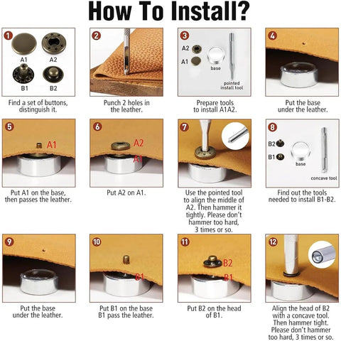 Installation guide for Premium Leather Snap Fasteners Kit With 12.5mm Metal Snaps And 4 Setter Tools 240 Sets In 6 Colors For Clothes.