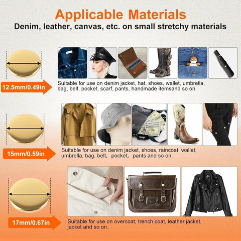 Sizing guide for Premium Leather Snap Fasteners Kit With 12.5mm Metal Snaps And 4 Setter Tools 240 Sets In 6 Colors for clothes and bags.